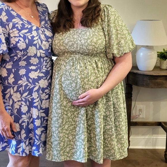 Pinkblush Maternity Light Olive Floral Smocked Tie Back Maternity Dress - Picture 3 of 6